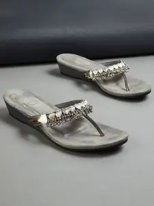 Melange by Lifestyle Grey Embellished Ethnic Wedge Sandals
