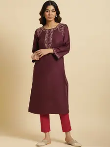 W Women Floral Yoke Design Thread Work Straight Kurta