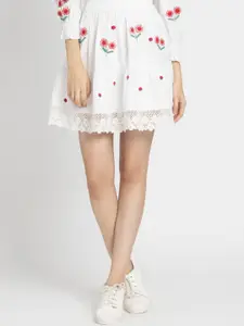 SHAYE Floral Embroidered Pure Cotton Tiered Above Knee-Length Skirt