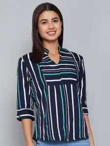 VAARARO Striped Mandarin Collar Shirt Style Top