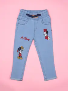 F2M Boys Blue Slim Fit High-Rise Low Distress Minnie Mouse Embroidered Stretchable Jeans