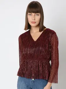 Vero Moda Self Design V-Neck Long Sleeve Gathered Cinched Waist Top