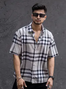 Powerlook Grey India Slim Tartan Checks Spread Collar Short Sleeve Casual Shirt