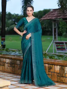 Satrani Teal & Silver-Toned Beads and Stones Embellished Saree