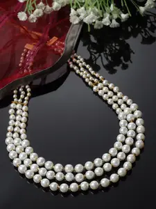 Sanjog White & Gold-Toned Layered Moti Mala Haar Pearl Necklace