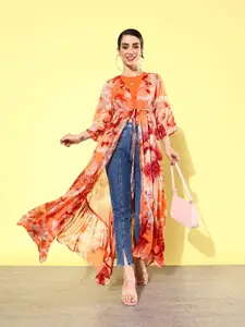QUIERO Floral Printed Longline Tie-Up Shrug