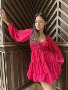 BAESD Tie Up Neck Puff Sleeve Gathered Tiered Georgette Fit & Flare Dress