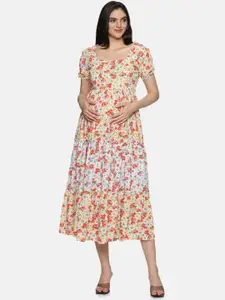 CHARISMOMIC Floral Printed Square Neck Georgette Tiered Maternity Fit & Flare Dress