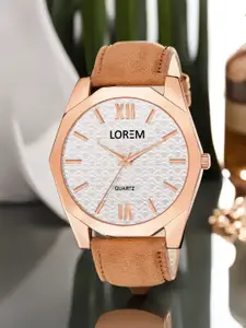 LOREM Men Brass Dial & Brown Leather Straps Analogue Watch LR84