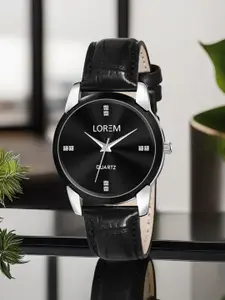 LOREM Black Brass Dial & Leather Textured Straps Analogue Watch