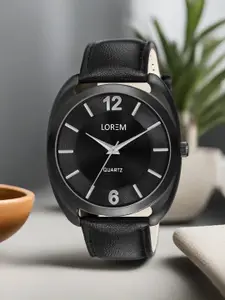 LOREM Men Brass Dial & Black Leather Straps Analogue Watch