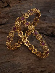 Kushal's Fashion Jewellery Set Of 2 Gold-Plated Ruby-studded Antique Bangles