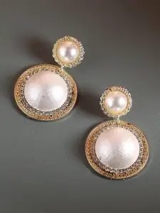 SOHI Gold Plated Pearl and Stone Studded Circular Drop Earrings