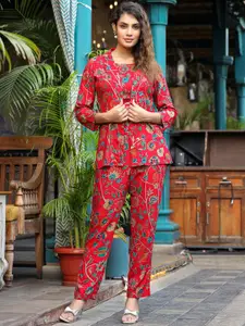 FASHION DWAR Floral Printed Ethnic Top With Trousers & Jacket