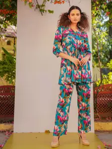 FASHION DWAR Floral Printed Gathered & Belted Detail A-Line Top with Trousers