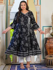 YASH GALLERY Plus Size Floral Embroidered Bell Sleeves Thread Work Angrakha A-Line Kurta