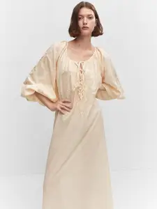 MANGO Floral Embroidered Cotton Tie-Up Neck Puff Sleeve Maxi Dress