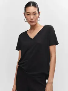 MANGO Women Solid V-Neck Pure Linen T-shirt