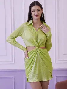 Athena Green Self Design Waist Twisted Cut-Out Shirt Style Dress