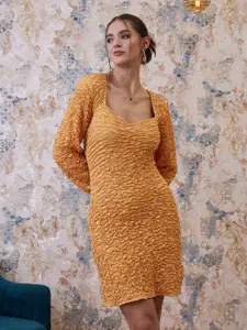 Athena Yellow Self Design Textured Sweatheart Neck Bodycon Dress