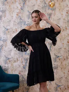 Athena Black Floral Self Design Flutter Sleeves Off-Shoulder Chiffon A-Line Dress