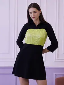 Athena Black & Green Colourblocked Shirt Collar A-Line Dress