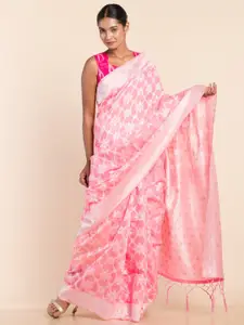 HERE&NOW Pink & White Ethnic Motifs Woven Design Chanderi Saree