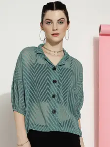 CLEMIRA Self Design Drop-Shoulder Sleeves Georgette Shirt Style Sheer Top