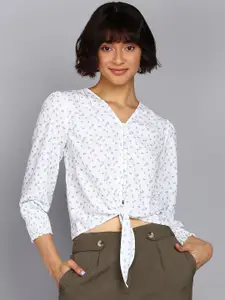 Mast & Harbour White Floral Printed Shirt Style Crop Top