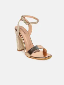 Marc Loire Textured Party Open Toe Block Heels With Ankle Loop