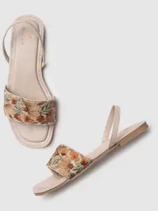 Marc Loire Ethnic Embroidered Open Toe Flats With Backstrap