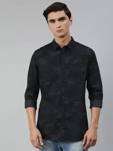 HIGHLANDER Men Black & Charcoal Grey Camouflage Slim Fit Printed Casual Shirt