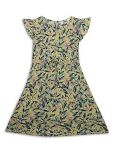 Cantabil Girls Floral Printed Round Neck Flutter Sleeve Tie-Up Fit & Flare Dress