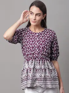 JAINISH Geometric Embroidered Puffed Sleeves Sequined Cinched Waist Top