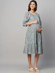MomToBe Floral Printed Puffed Sleeve Maternity A-Line Sustainable Dress