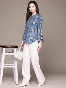 aarke Ritu Kumar Blue Print Mandarin Collar Bell Sleeve Ethnic Shirt Style Top