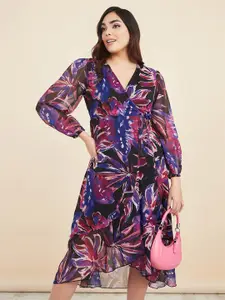 Styli Floral Printed Puff Sleeve Midi Wrap Dress