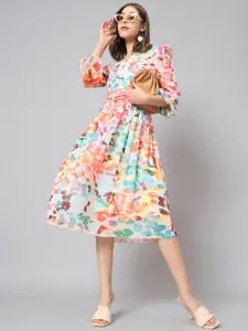 The Dry State Abstract Printed Puff Sleeve Georgette Fit & Flare Midi Dress