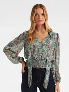 Forever New Floral Printed V-Neck Puff Sleeves Smocking Blouson Top