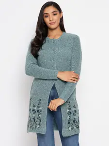 CLAPTON Floral Embroidered Woollen Longline Cardigan Sweaters