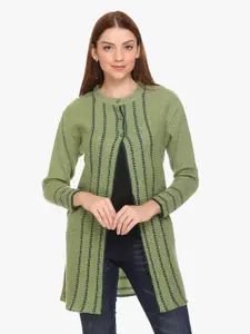 CLAPTON Striped Embroidered Woollen Longline Front Open Sweaters