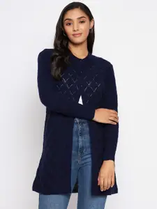 CLAPTON Self Design Cable Knit Woollen Longline Cardigan Sweaters