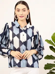 STREET 9 Navy Blue & White Contemporary Geometric Printed Casual Shirt