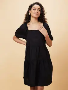 Globus Puff Sleeves Gathered or Pleated Tiered Pure Cotton A-Line Dress