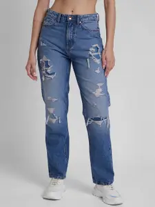 SPYKAR Women Straight Fit Highly Distressed Light Fade Cotton Jeans