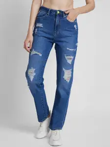 SPYKAR Women Straight Fit High-Rise Highly Distressed Light Fade Cotton Jeans