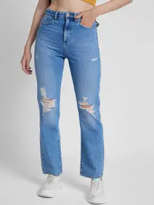 SPYKAR Women Straight Fit Mildly Distressed Light Fade Stretchable Jeans