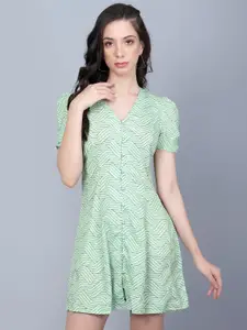 The Roadster Lifestyle Co. Green Geometric Printed V-Neck Smocked A-Line Mini Dress