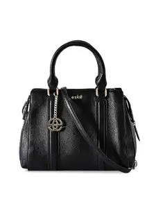 eske Women Black Textured Leather Detachable Strap & Dual Carry Style Satchel Handbag
