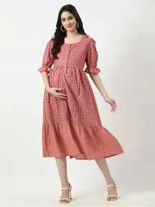 Aaruvi Ruchi Verma Self Design Gathered Tiered Maternity Cotton Fit & Flare Midi Dress
